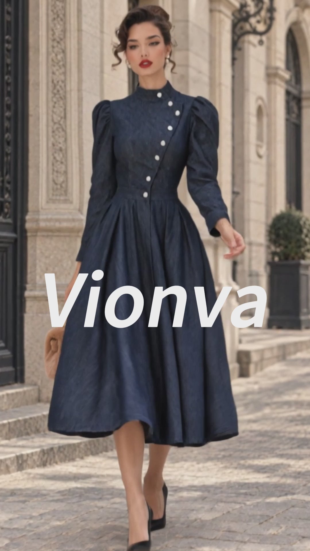 Vintage Stand-Collar Asymmetric Button Denim Midi Dress