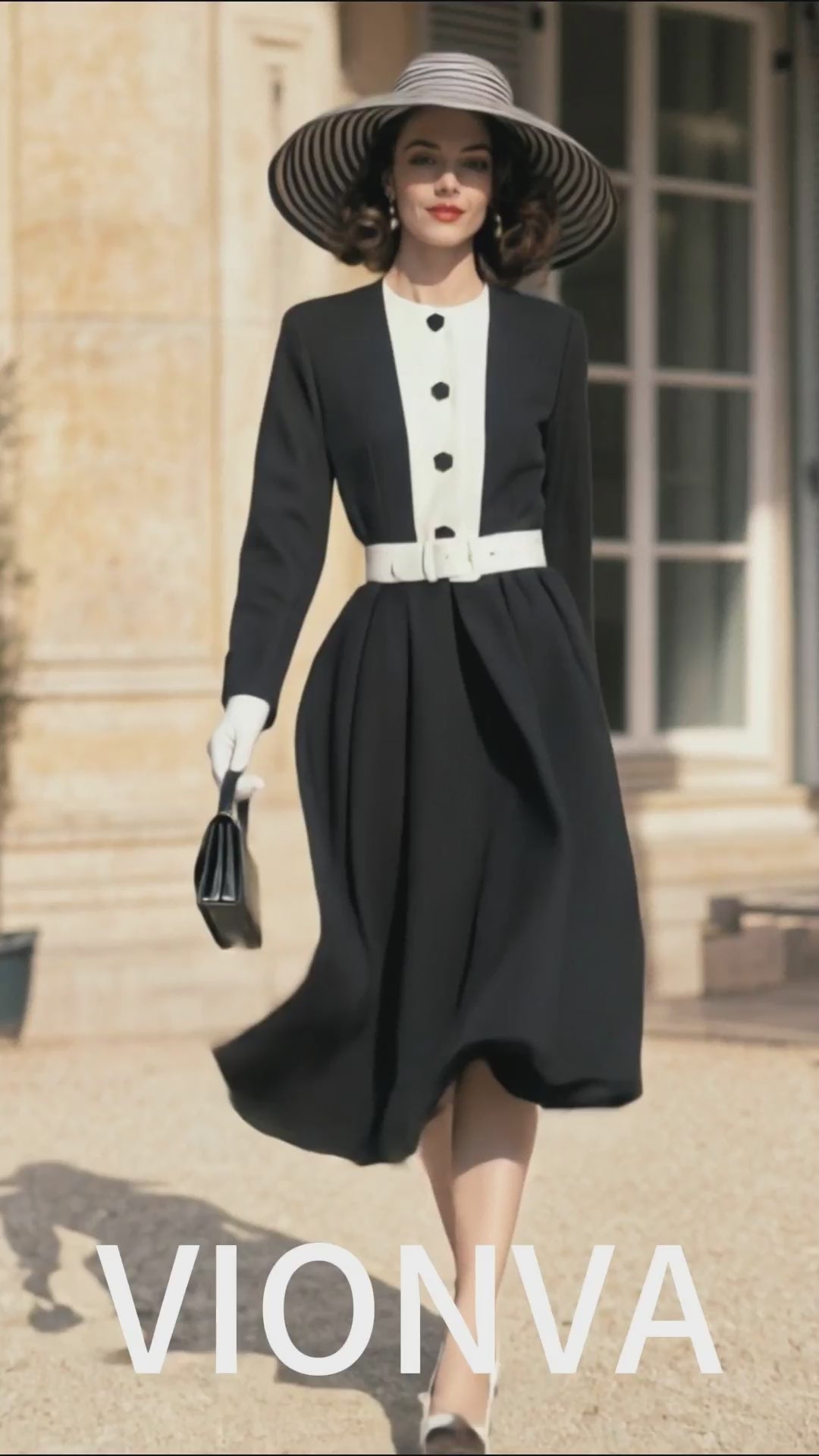 Vintage Color Block Long Sleeve Belted A‑Line Swing Cocktail Office Midi Dress