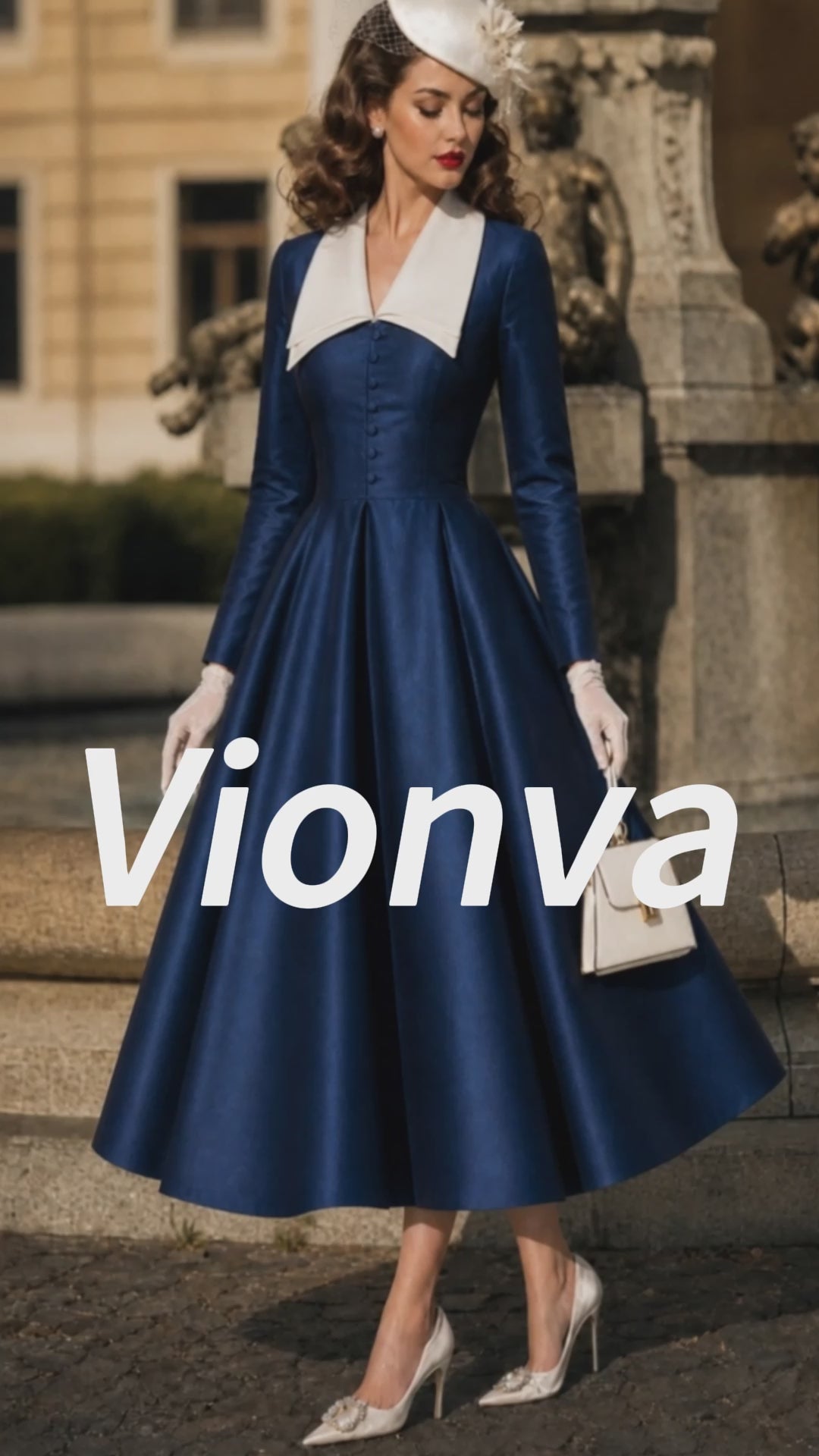 Vintage Navy White-Collar Button-Front Satin A-Line Dress