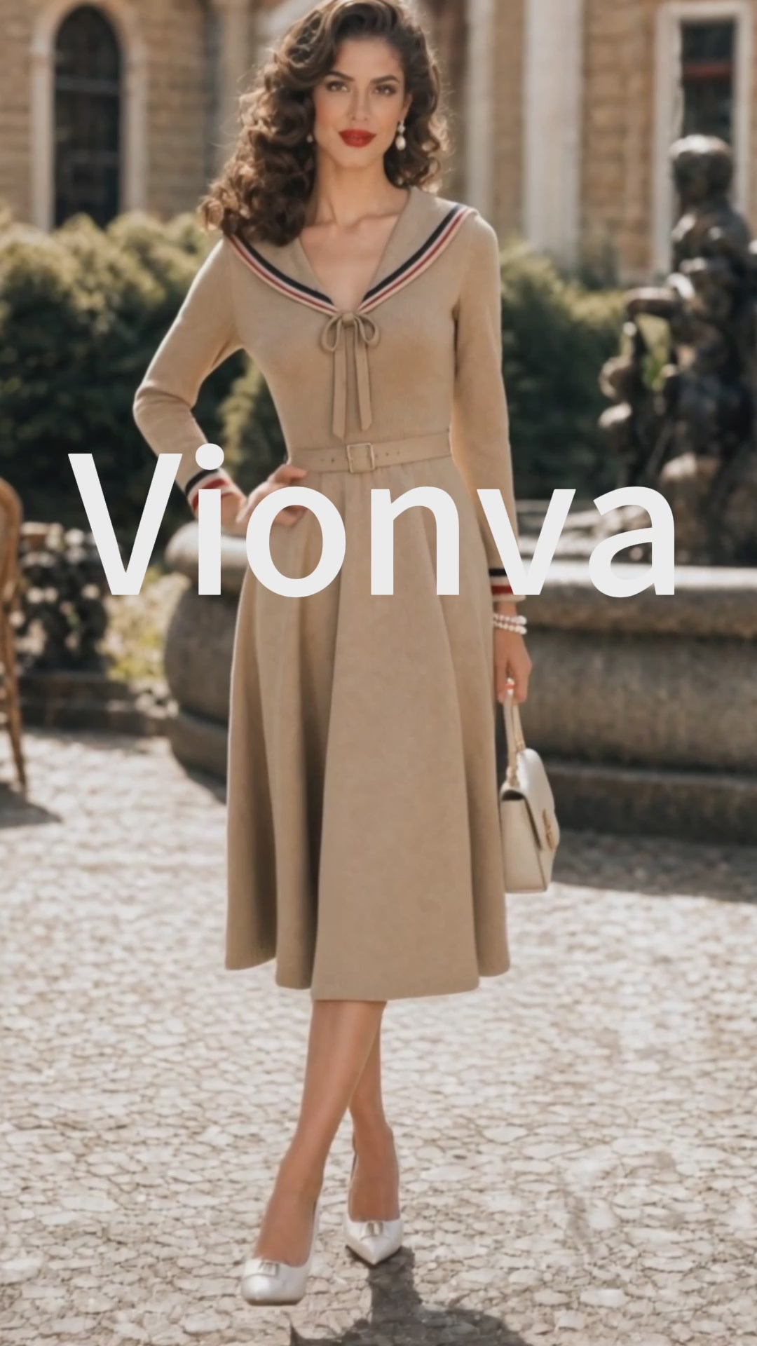 Vintage Beige Sailor-Collar Bow-Tie Belted Knit Dress
