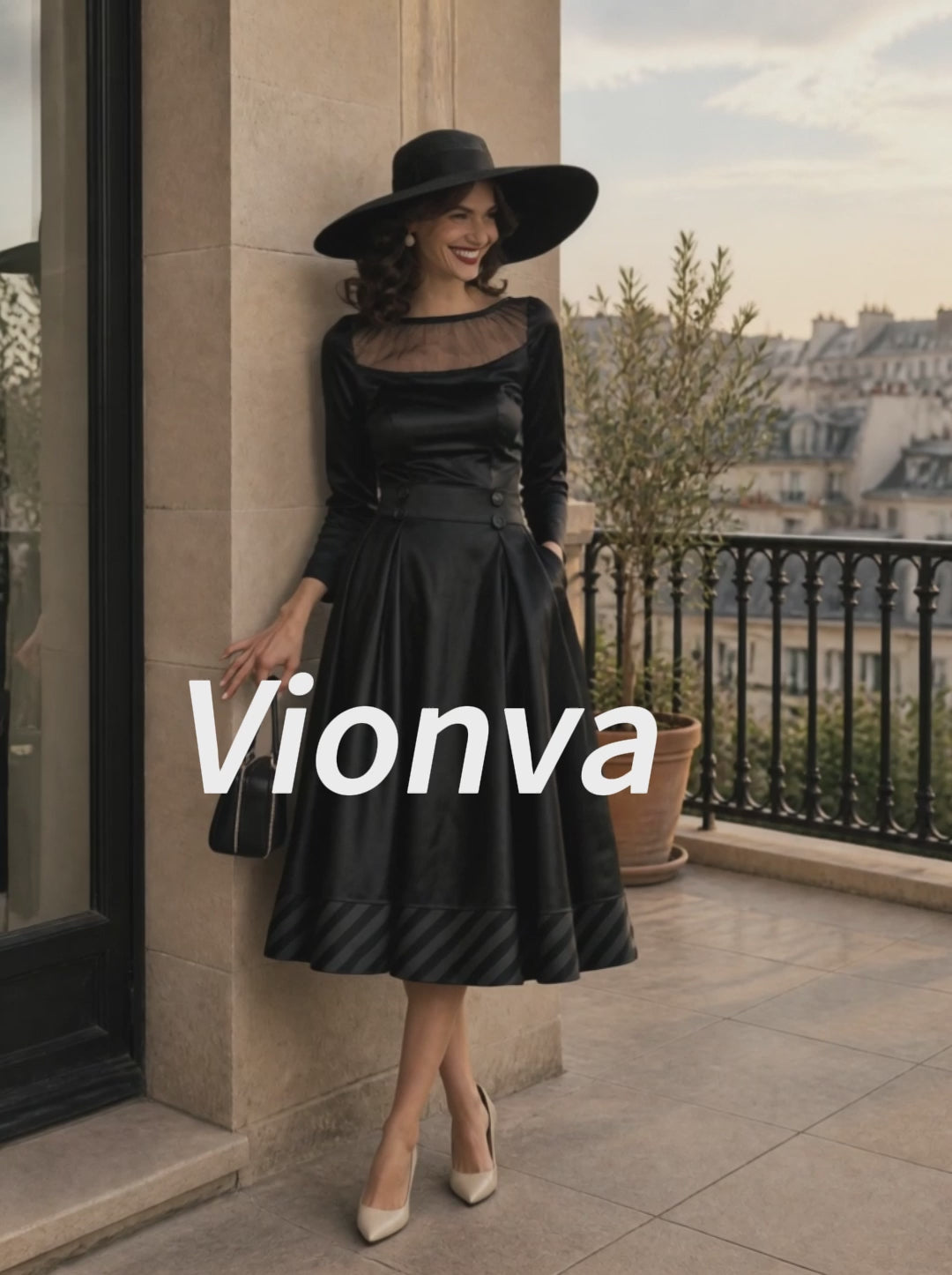 Vintage Black Mesh-Yoke Satin A-Line Midi Dress