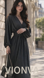 Vintage V-Neck Lantern Sleeve Gathered Waist Flowy Maxi Dress