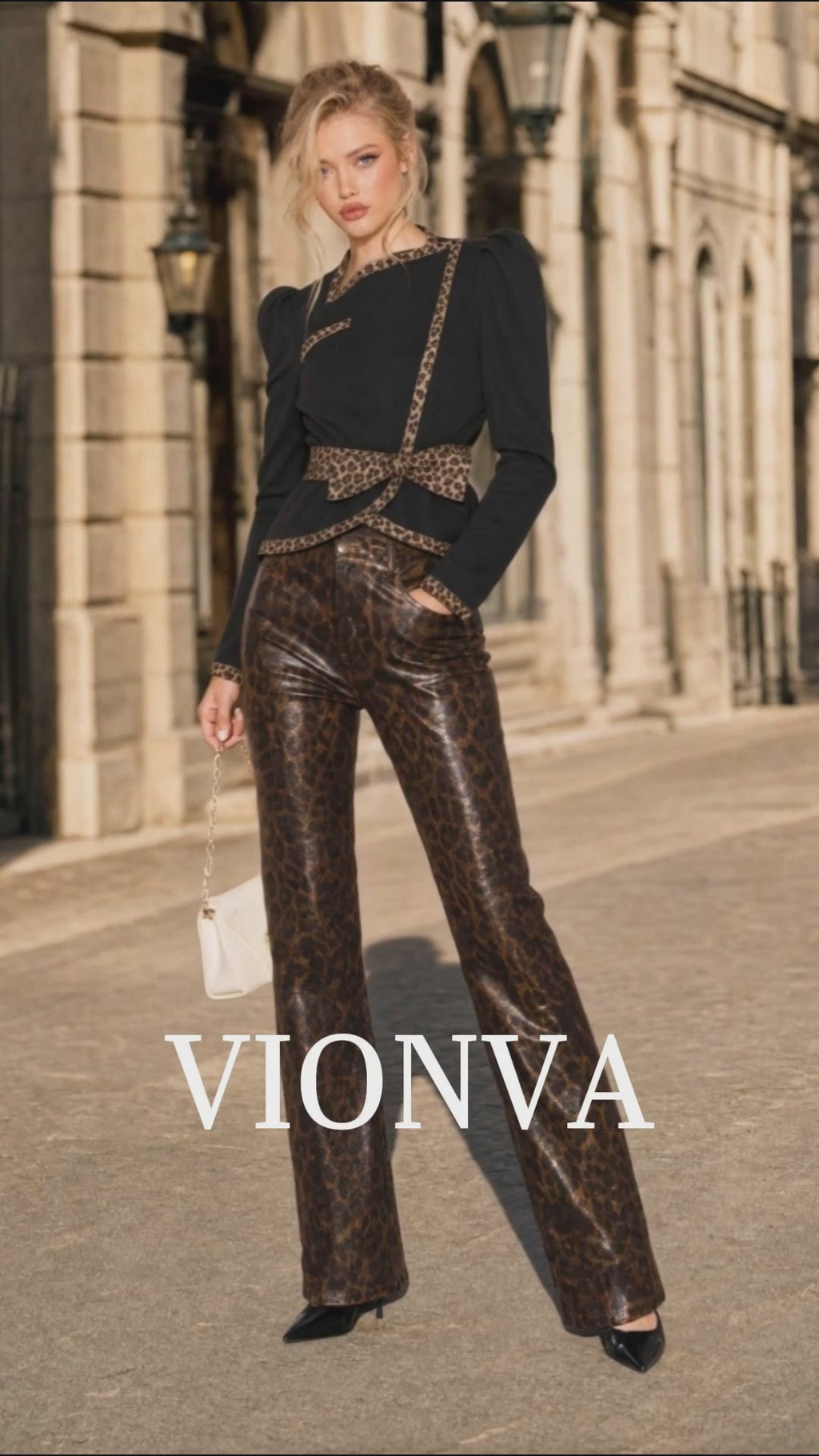 Vintage Leopard Trim Top & Faux Leather Straight‑Leg Pants Set