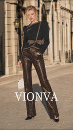 Vintage Leopard Trim Top & Faux Leather Straight‑Leg Pants Set