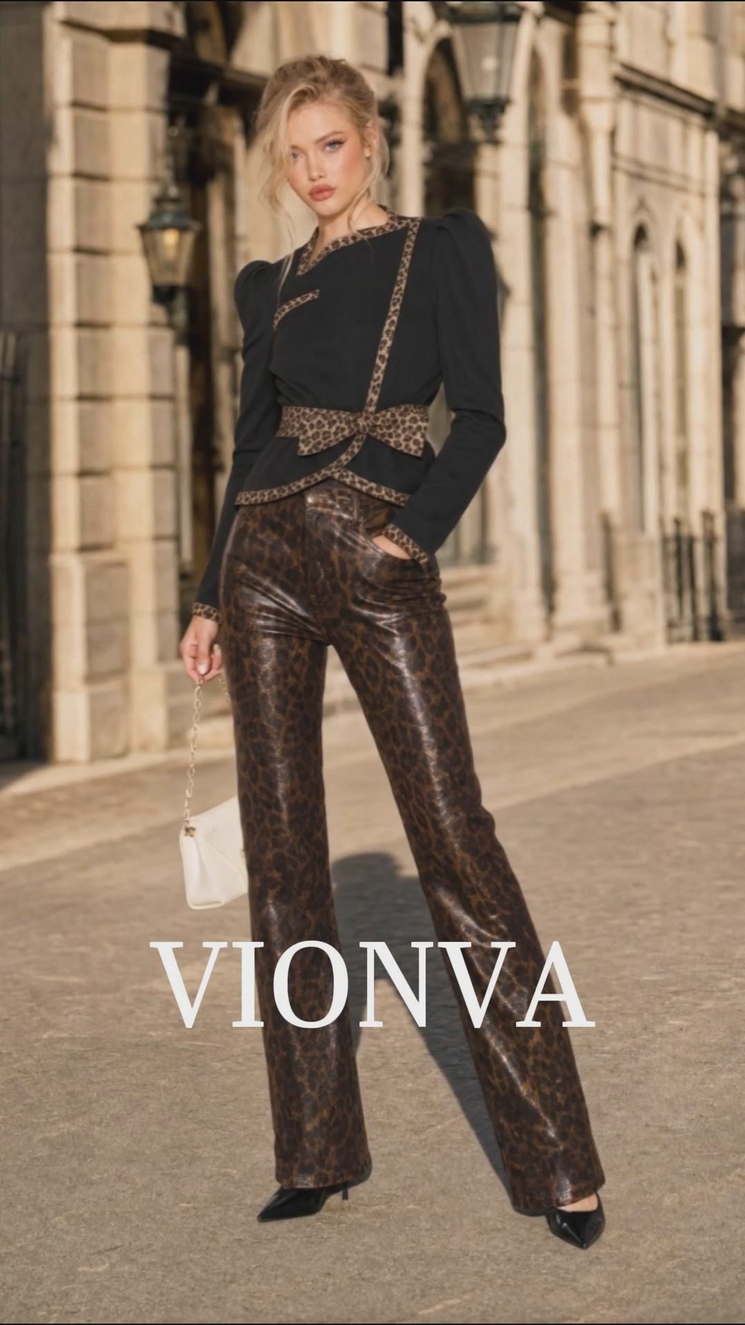 Vintage Leopard Trim Top & Faux Leather Straight‑Leg Pants Set