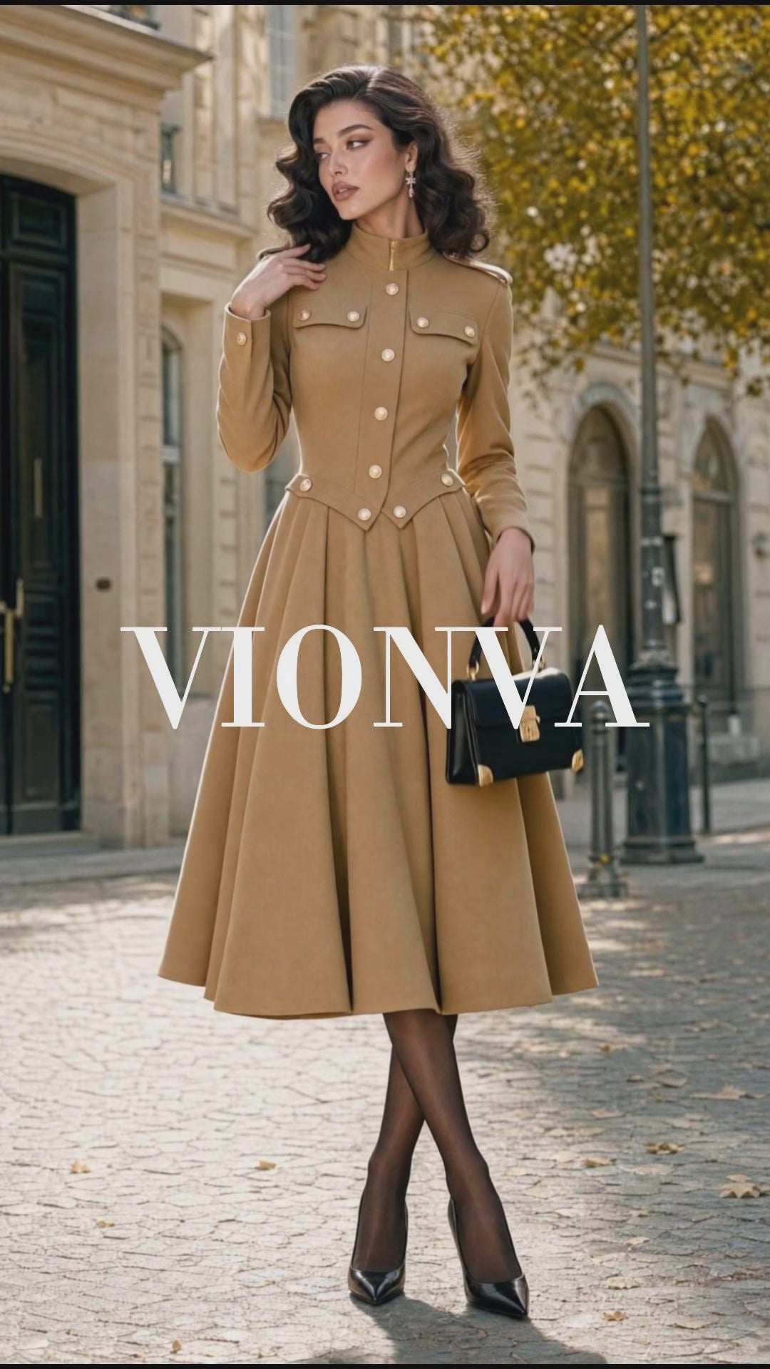 Retro Camel Military Midi Dress
