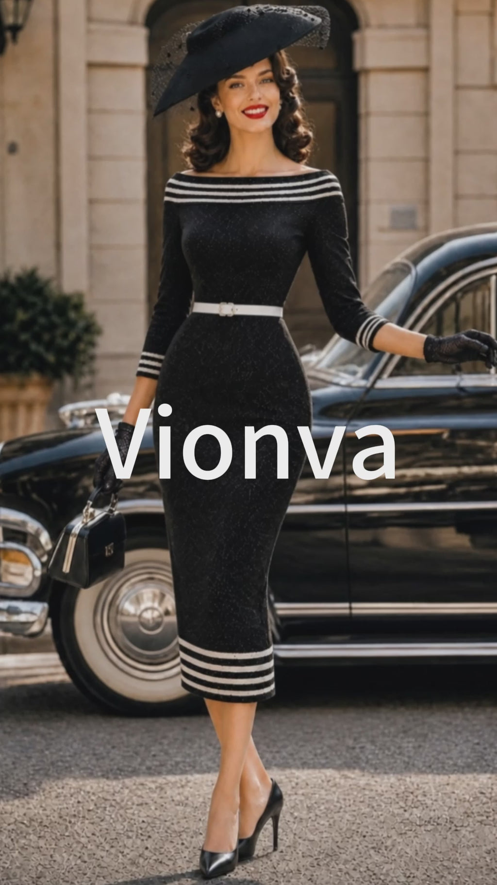 Vintage Black Striped-Trim Bodycon Knit Dress