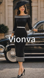 Vintage Black Striped-Trim Bodycon Knit Dress