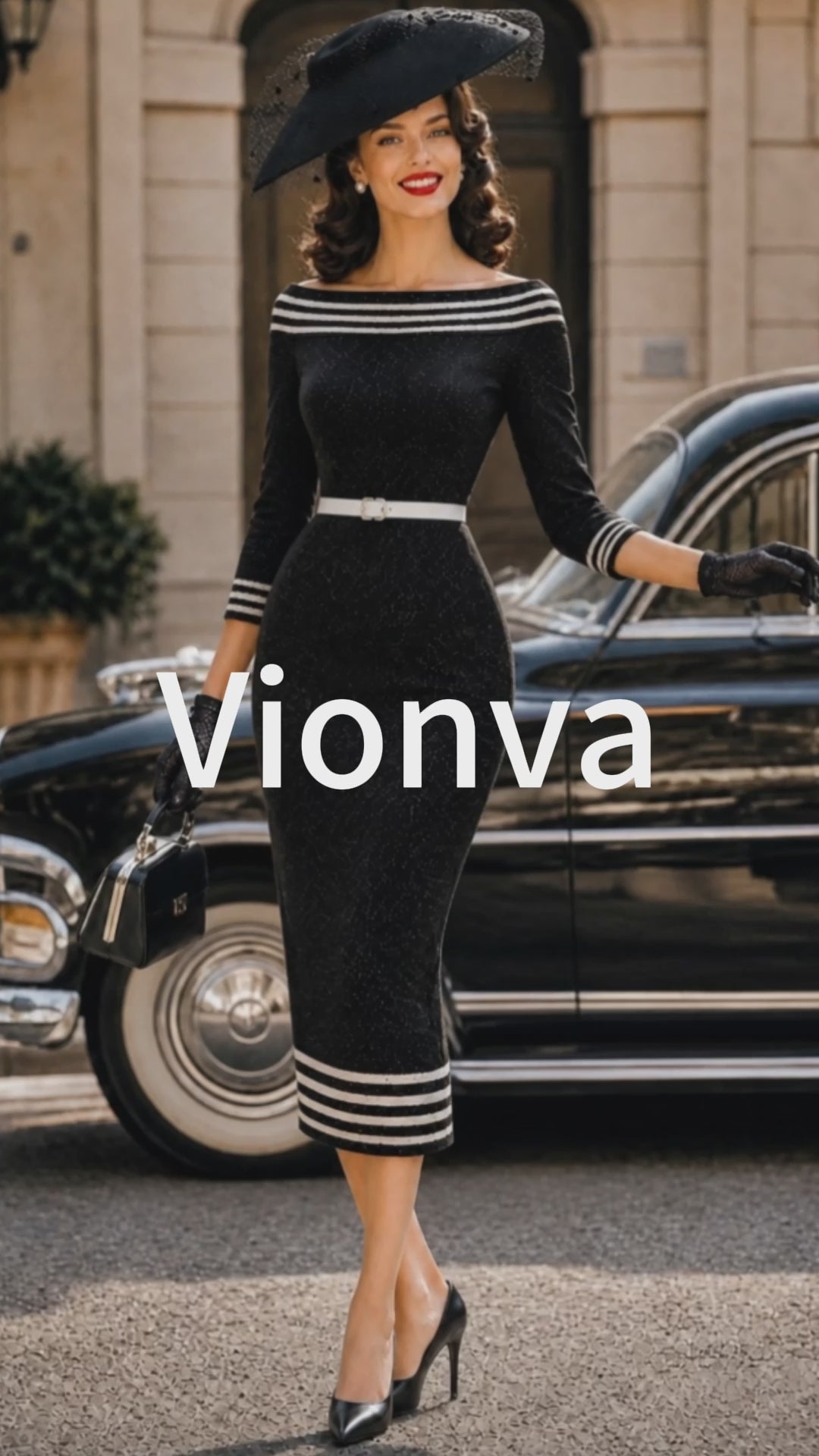 Vintage Black Striped-Trim Bodycon Knit Dress