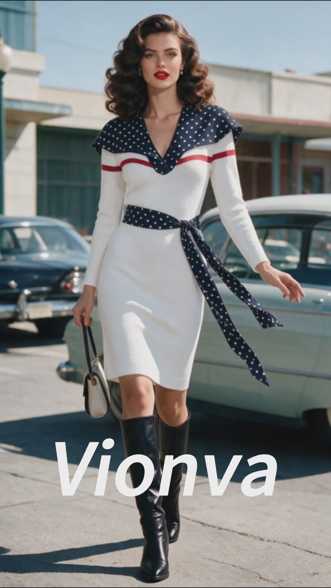 Vintage White Navy Polka-Dot Sailor-Collar Knit Dress