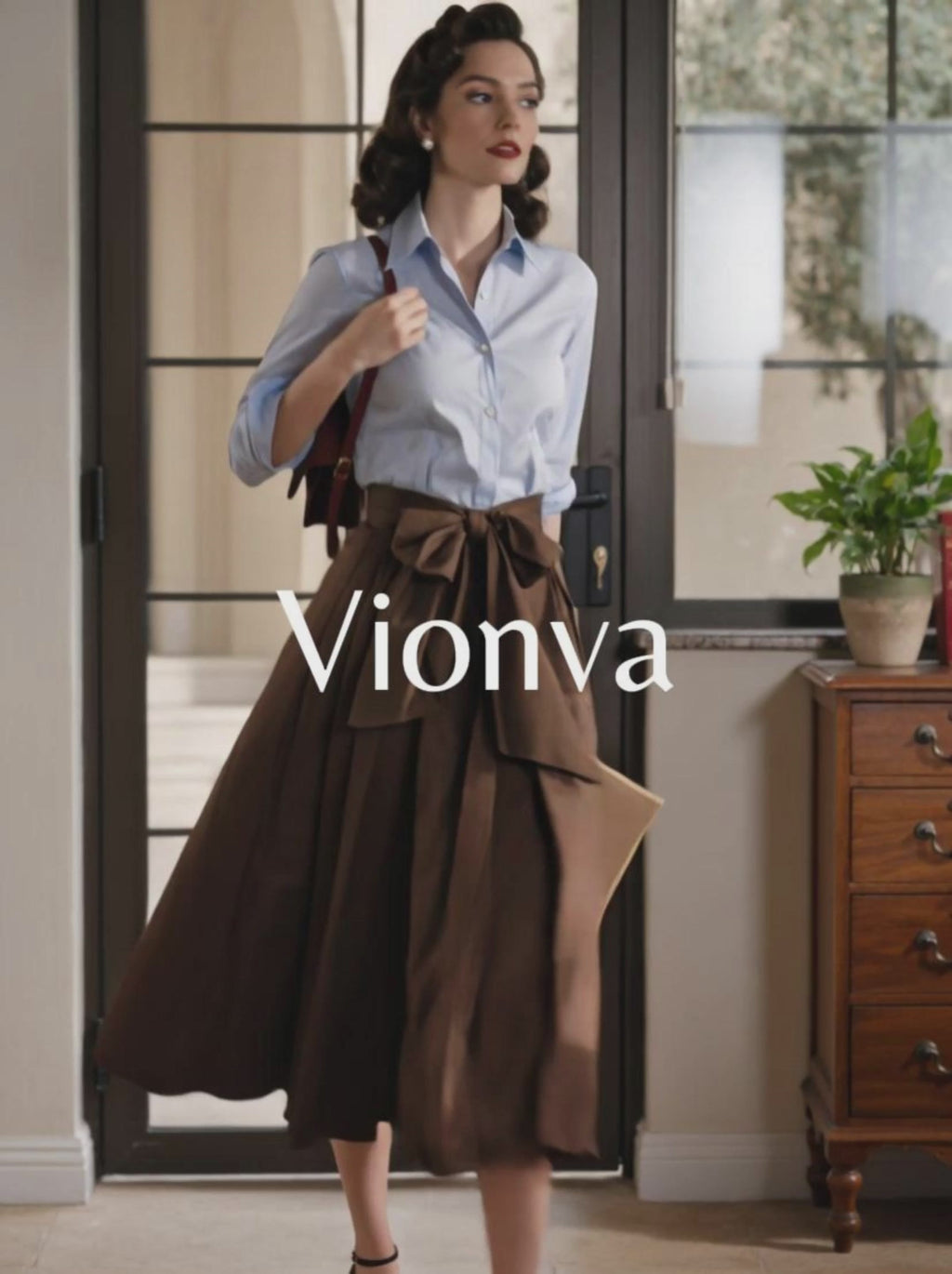 Vintage Bow Tie Waist Umbrella Midi Skirt