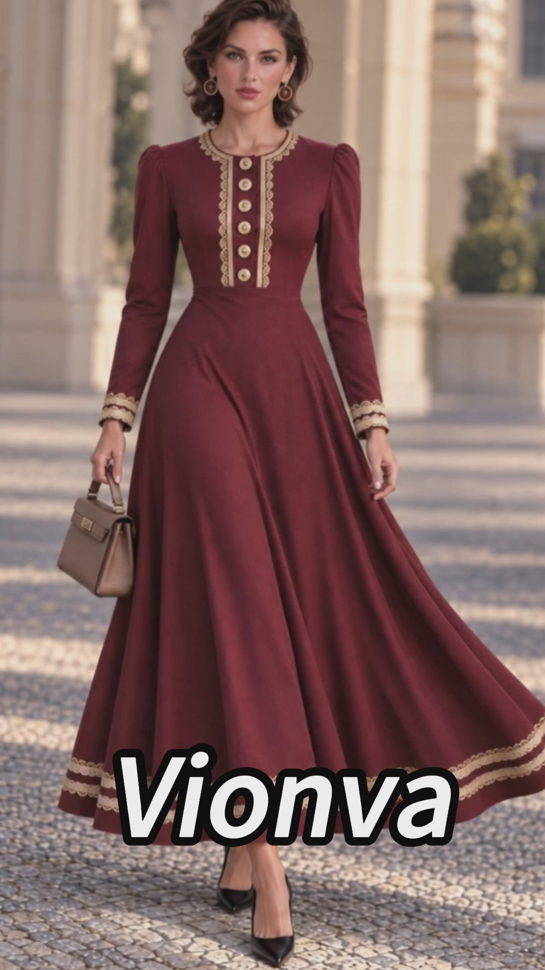 Vintage Burgundy Lace Trim Button Front Maxi Dress