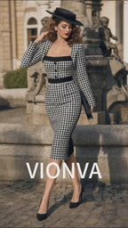 Vintage Houndstooth Square Neck Jacket & Bodycon Two‑Piece Midi Skirt Set