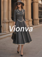 Vintage Grey Contrast-Trim Collared A-Line Midi Dress