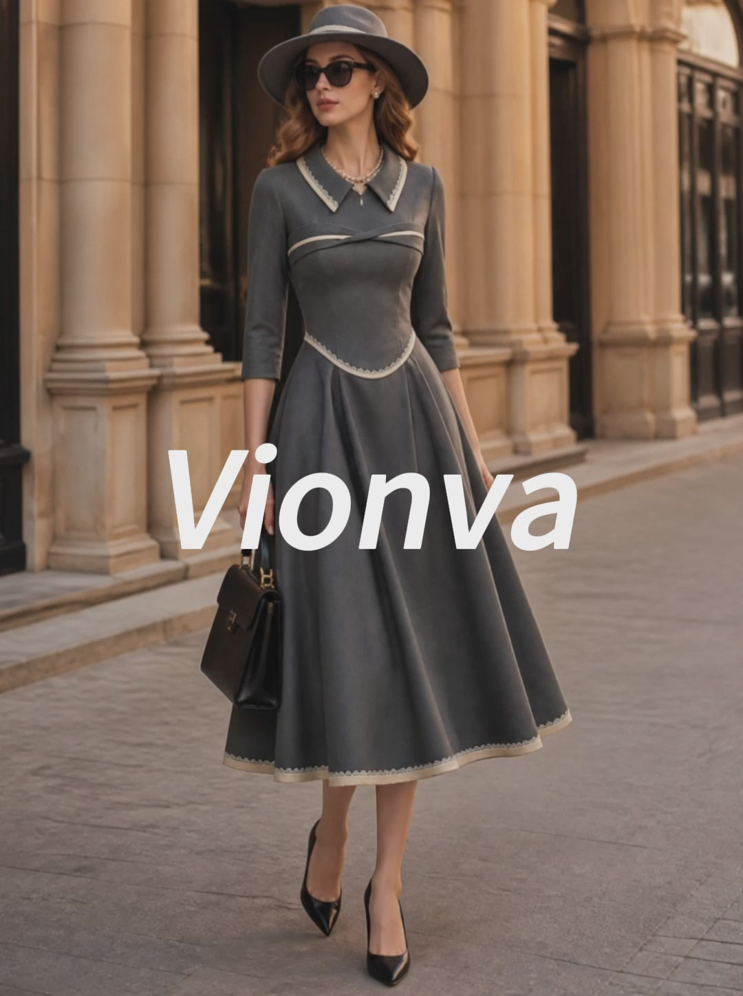 Vintage Grey Contrast-Trim Collared A-Line Midi Dress