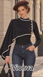 Vintage Black Ribbed Knit Asymmetric Cape Sleeve Top