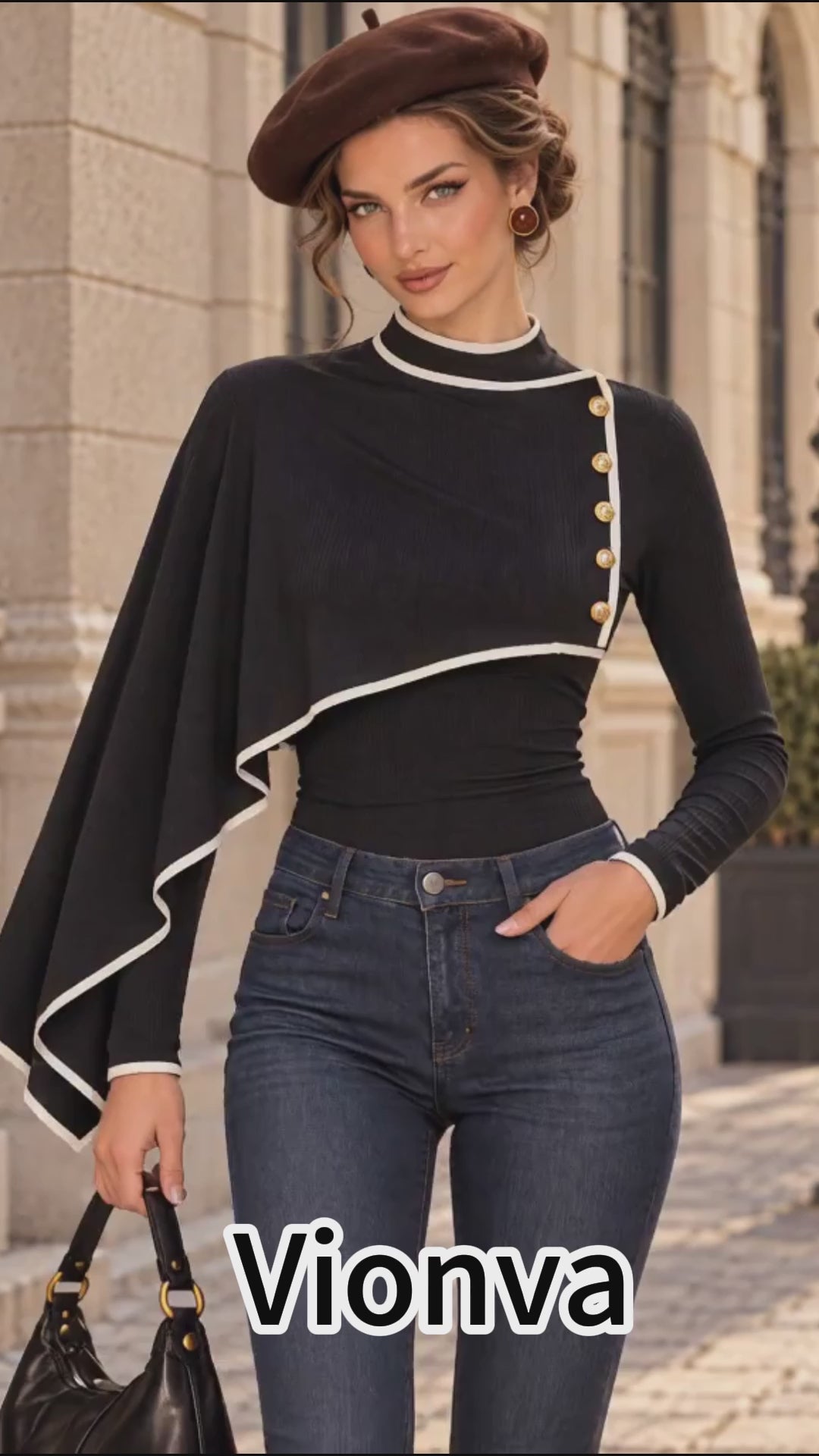 Vintage Black Ribbed Knit Asymmetric Cape Sleeve Top