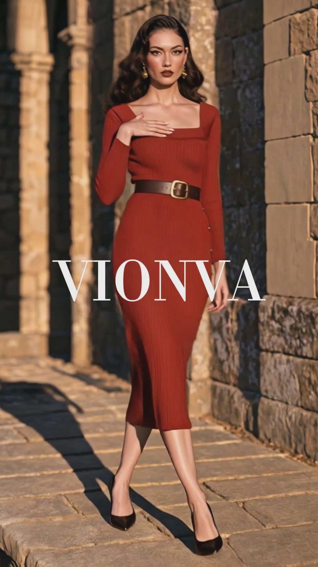 Vintage Square Neck Ribbed Midi Dress