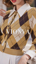 Vintage Retro Argyle Button‑Front Knit Blouse