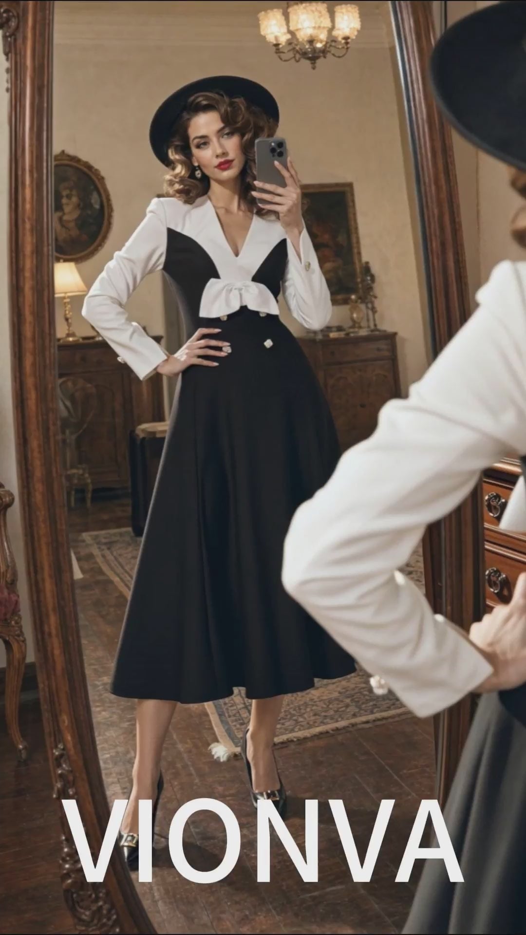 Vintage Black‑White Colorblock Bow Front Long Sleeve Split Cuff A‑Line Midi Dress