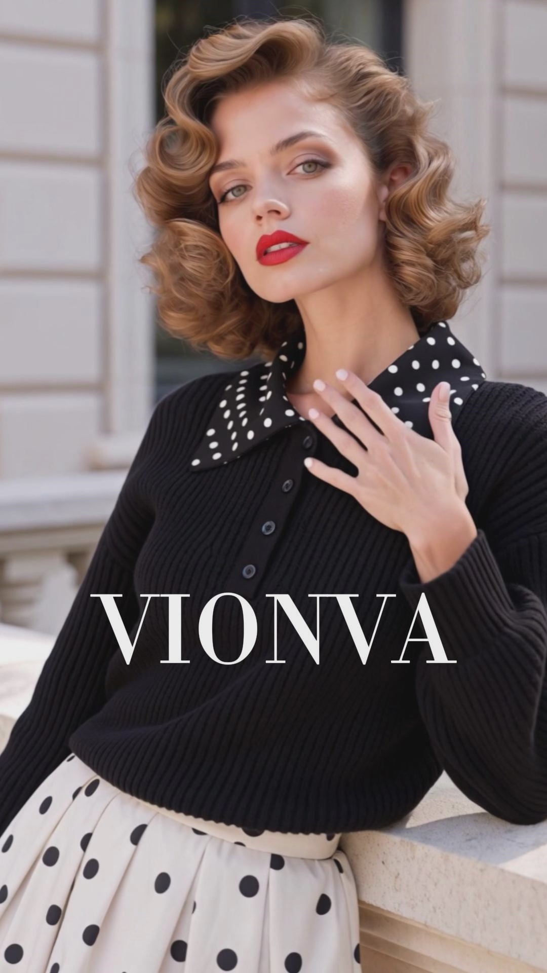 Retro Polka Dot Collar Knit Pullover Top