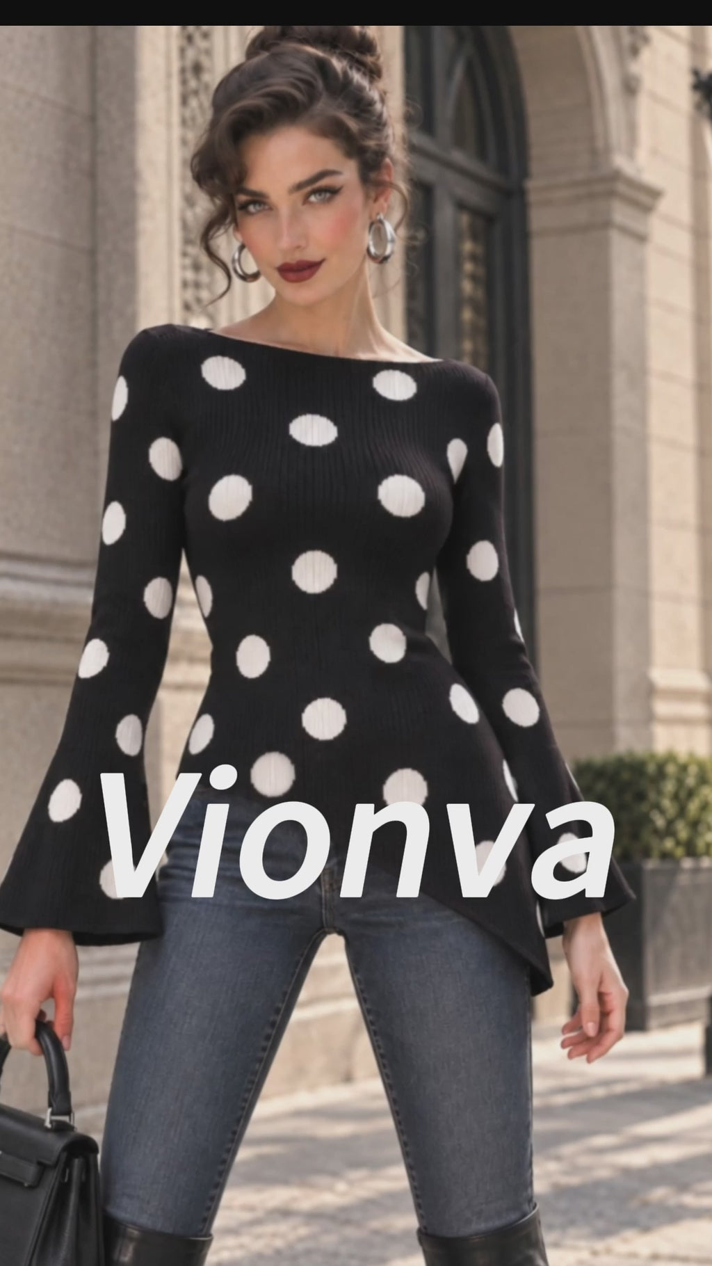 Vintage Polka Dot Print Bell Sleeve Sweater