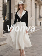 Vintage Black Blazer & Ivory A-Line Skirt Set