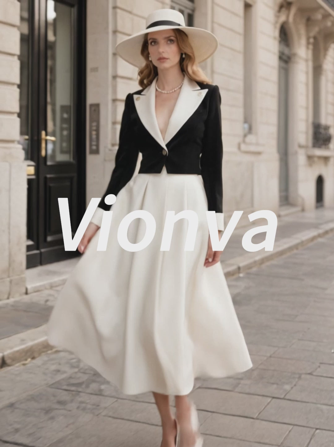Vintage Black Blazer & Ivory A-Line Skirt Set