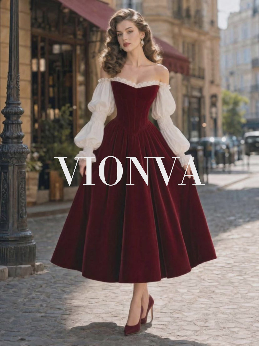 French Lace Puff‑Sleeve Burgundy Velvet Flare Midi Dress