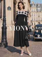 Vintage Plaid Off Shoulder Swing Midi Dress