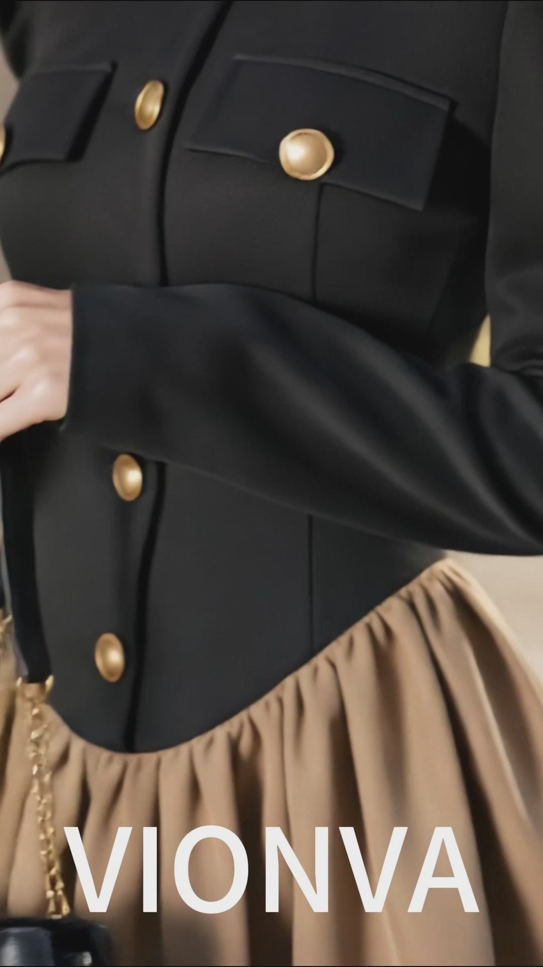 Vintage Colorblock Puff Sleeve Gold Button Fit‑Flare Mini Dress