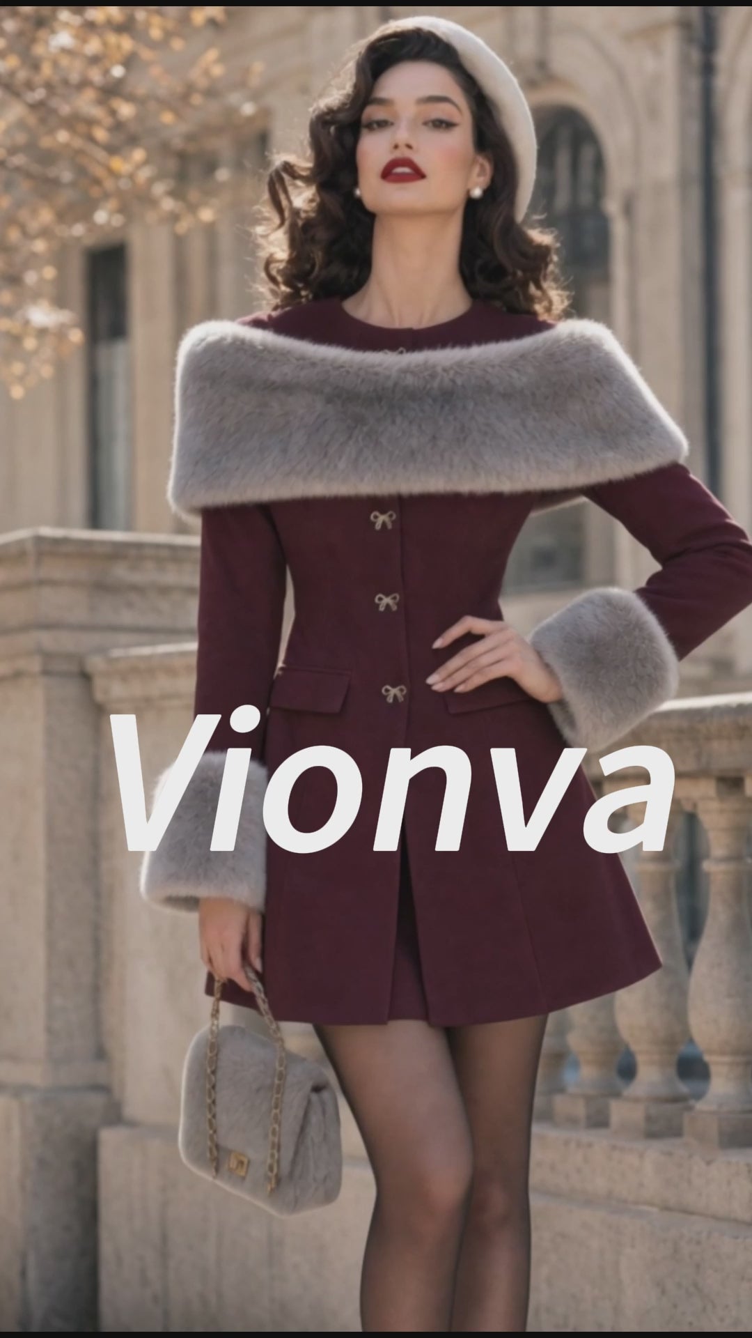 Vintage Burgundy Faux-Fur Collar Bow-Button Mini Dress
