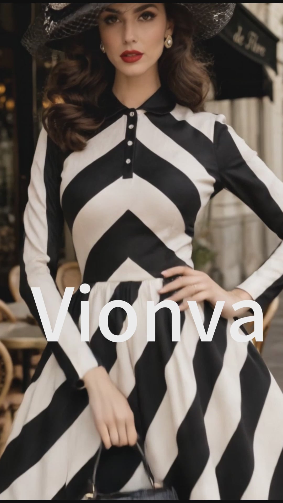 Vintage Black White Chevron-Stripe Collared A-Line Dress