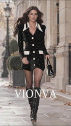 Vintage B&W Rhinestone Velvet Faux Two-Piece Slim Mini Dress