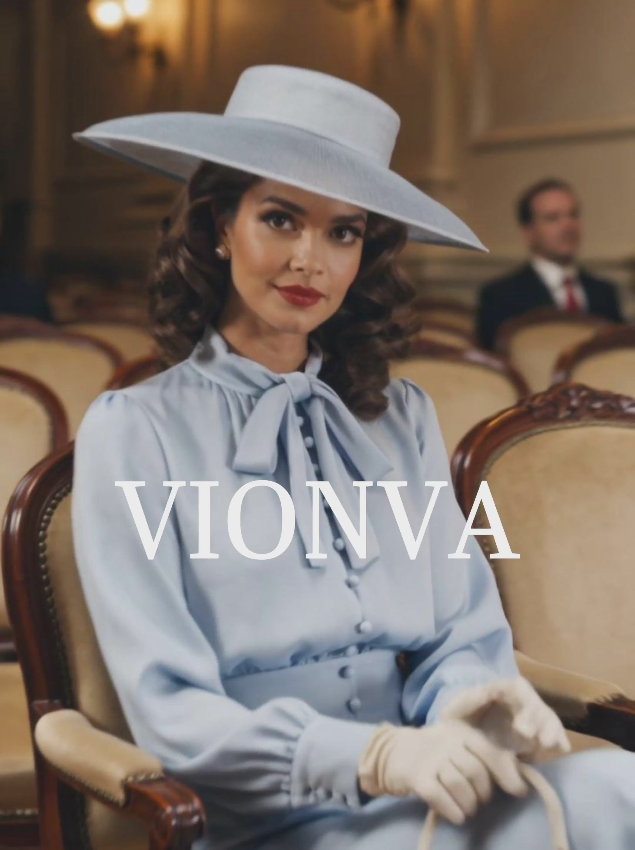 Vintage Light Blue Bow Neck Long Sleeve Waisted Midi Dress