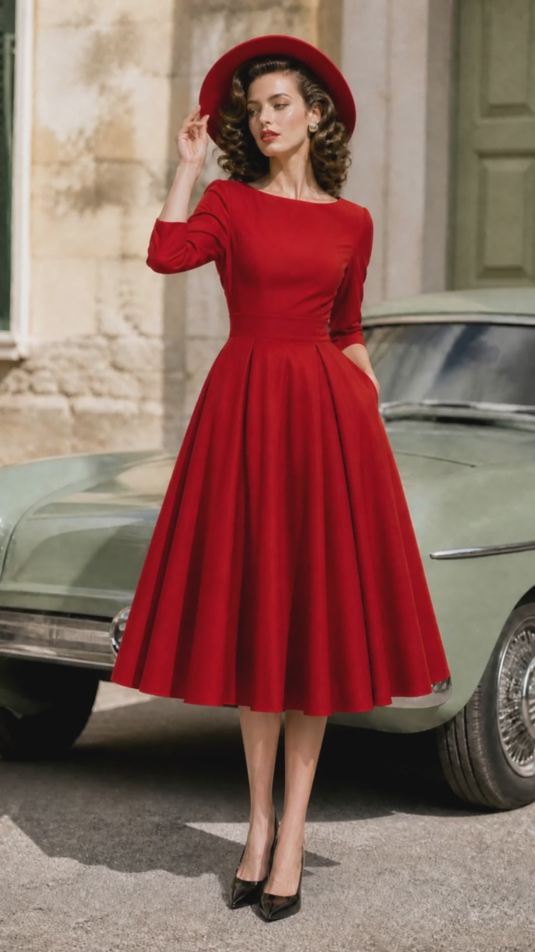 1950s-Inspired Red 3/4 Sleeve Full-Skirt Midi Dress With Pockets