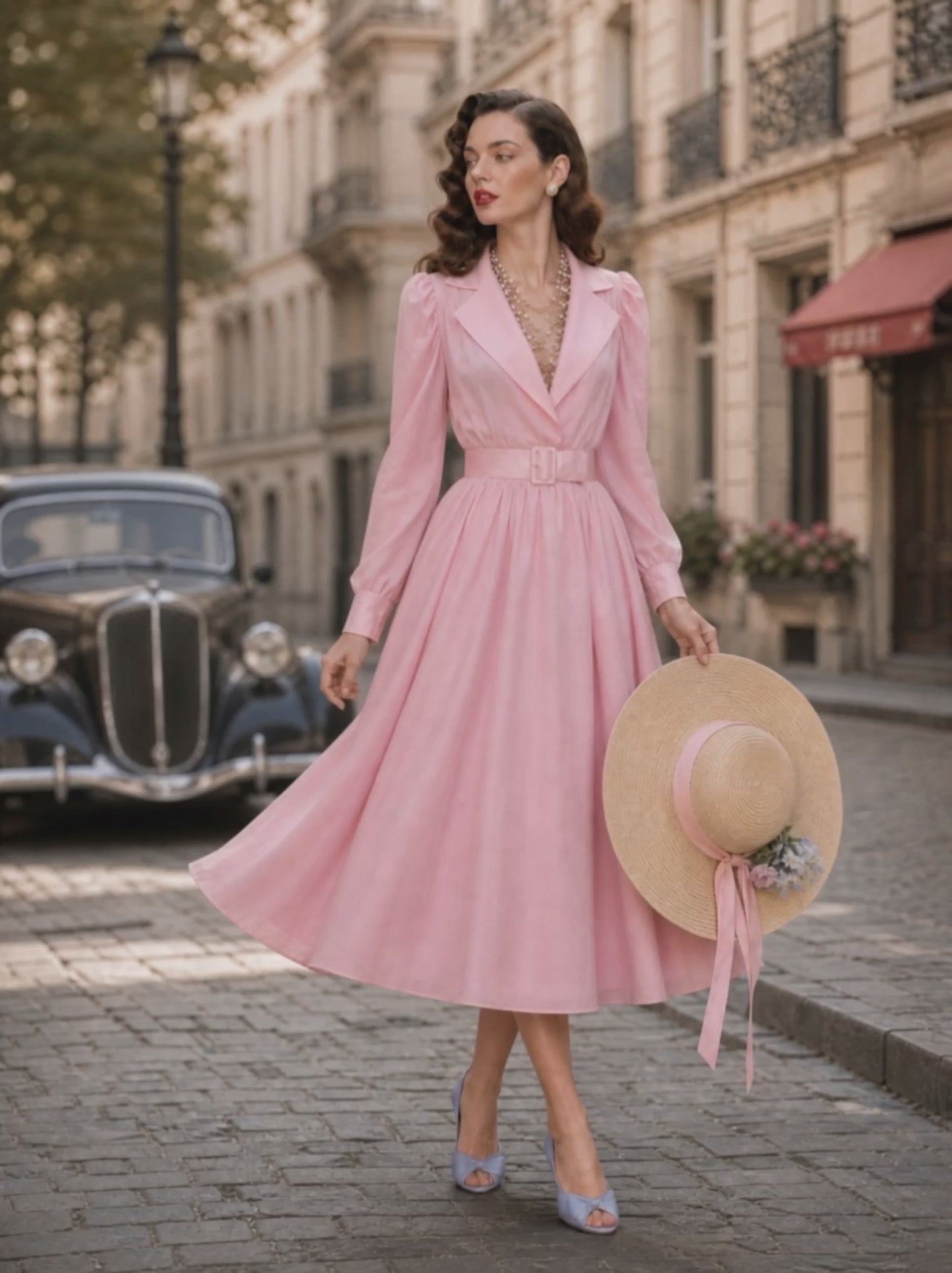 Vintage Pink Lapel-Collar Puff Long-Sleeve Belted Midi Dress