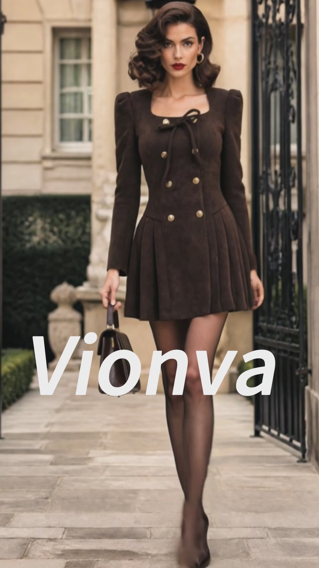 Vintage Brown Gold-Button Faux Suede Pleated A-Line Dress