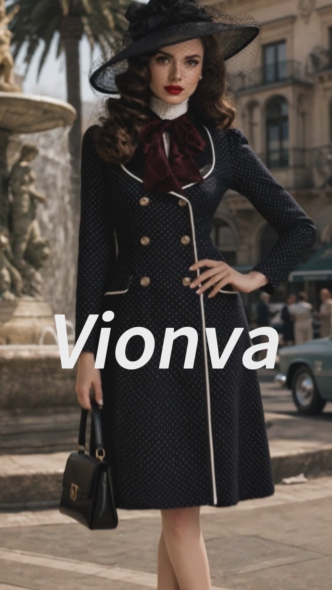 Vintage Black Polka-Dot Velvet-Bow Double-Breasted A-Line Dress