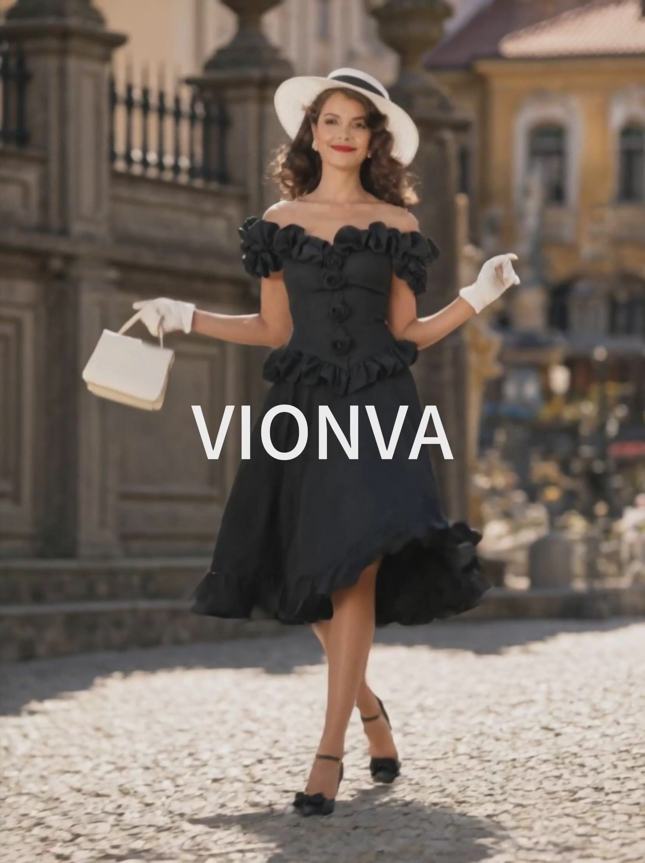 Vintage Black Ruffled Bardot Neck Full Circle Midi Dress