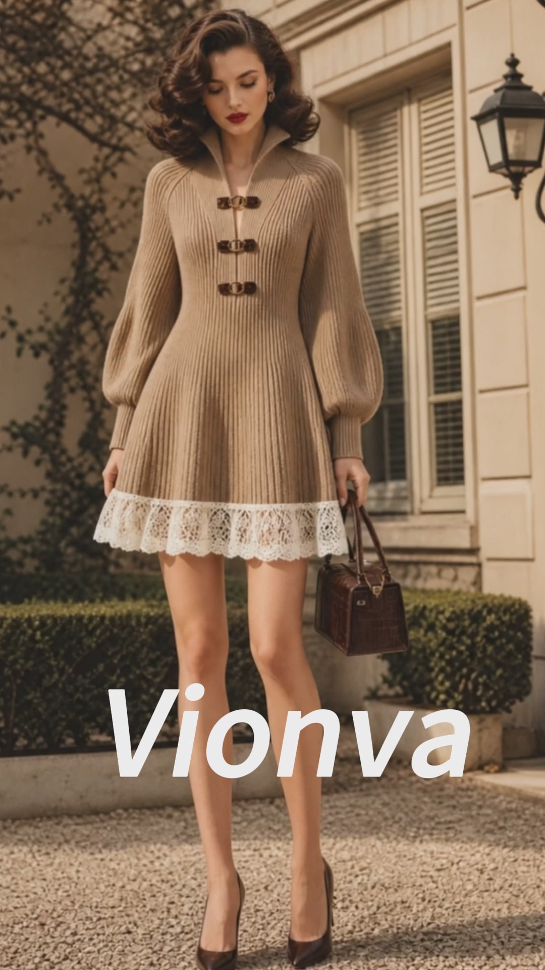 Vintage Camel Toggle-Button Lace-Hem Ribbed Knit Dress