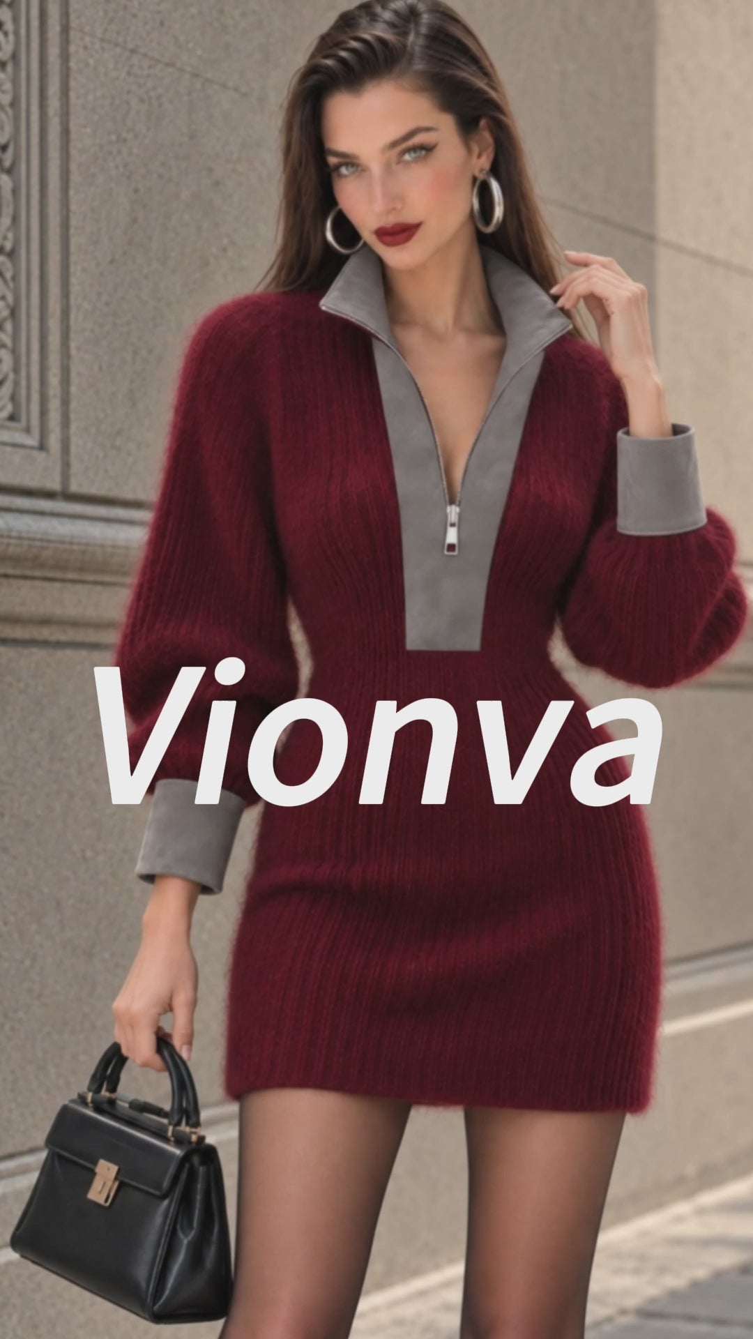 Vintage Suede-Trim Half-Zip Mohair Sweater Dress