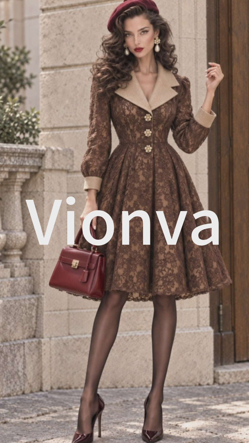 Vintage Lace Contrast-Collar Flared Midi Dress