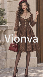 Vintage Lace Contrast-Collar Flared Midi Dress