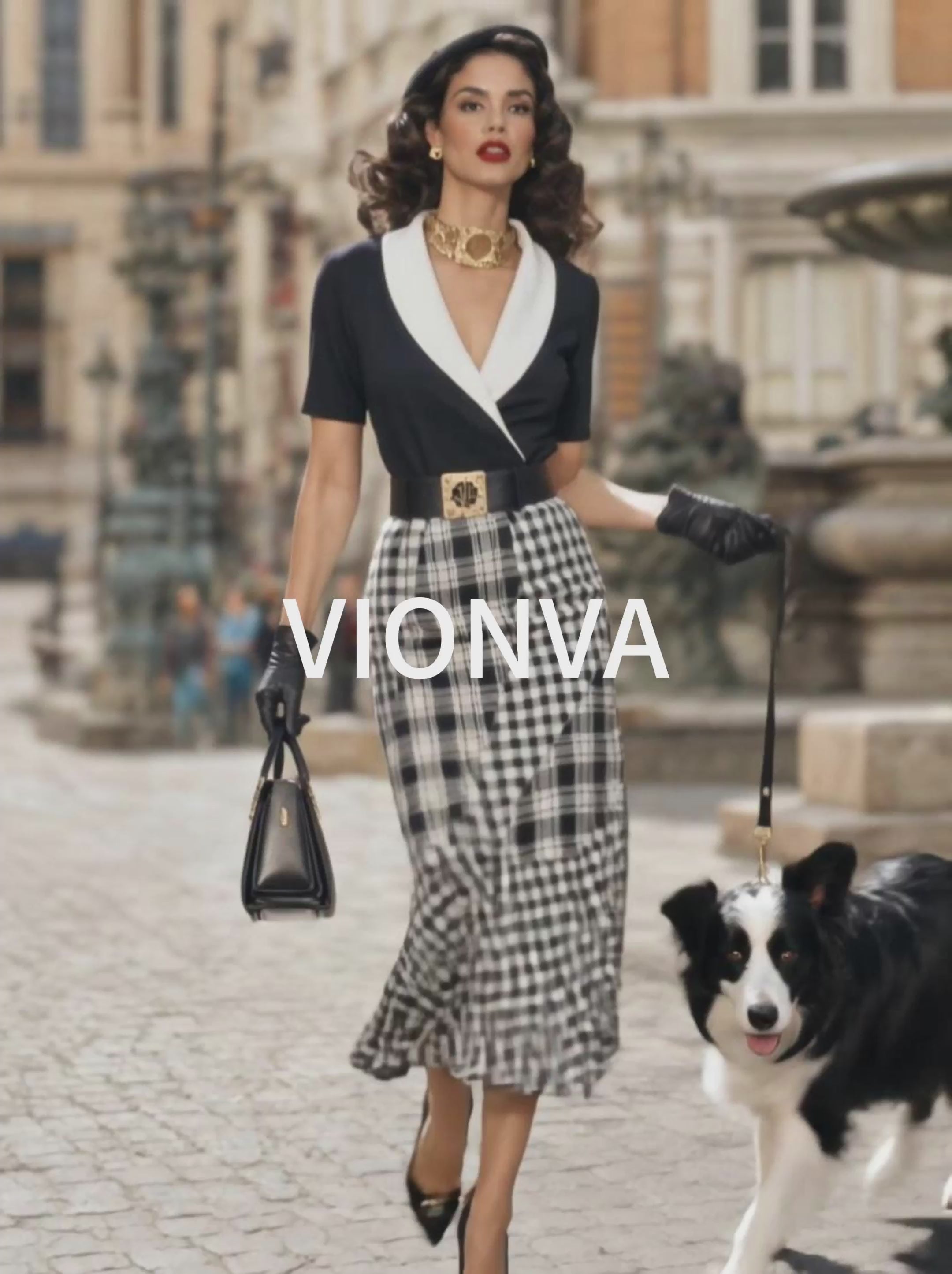 Vintage Contrast Lapel Black White Gingham Mermaid Midi Dress