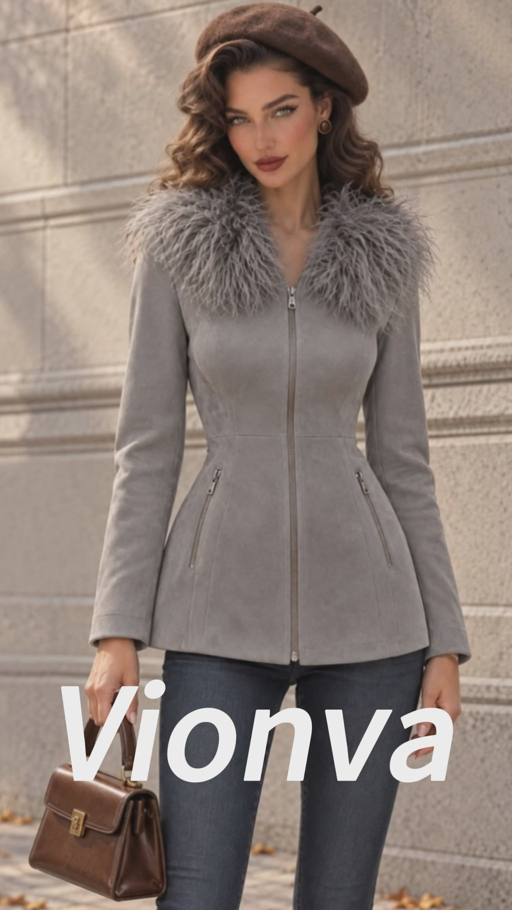 Vintage Faux Fur Collar Fitted Jacket