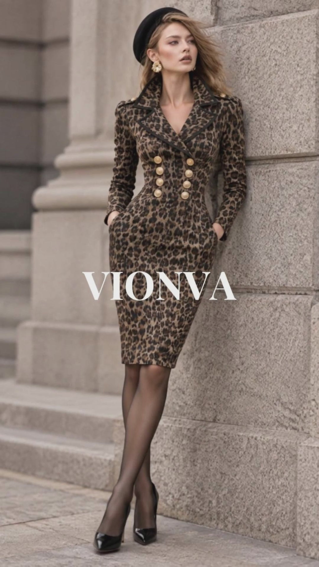 Vintage Leopard Print Double-breasted Lapel Midi Dress