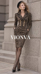 Vintage Leopard Print Double-breasted Lapel Midi Dress