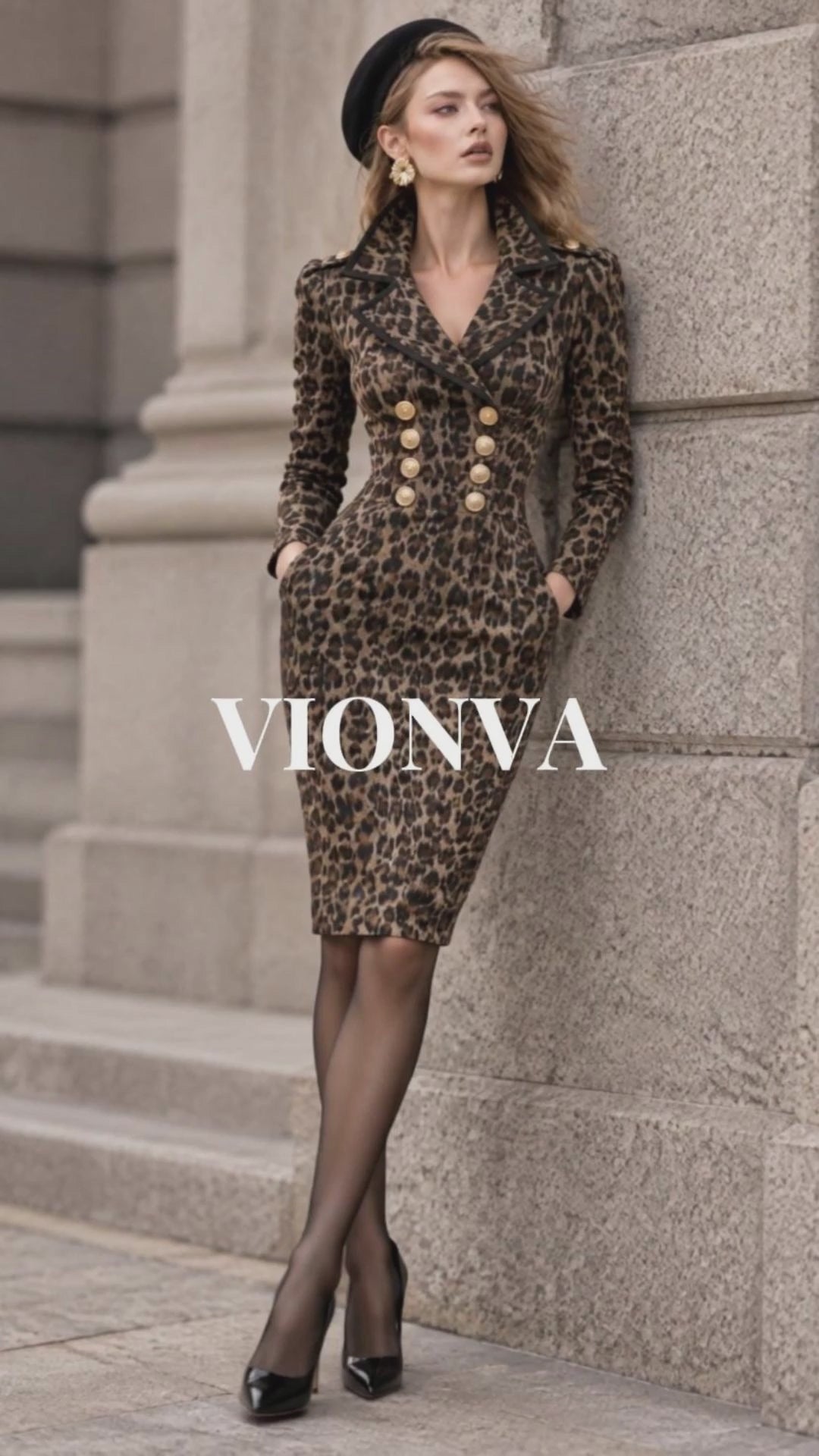 Vintage Leopard Print Double-breasted Lapel Midi Dress