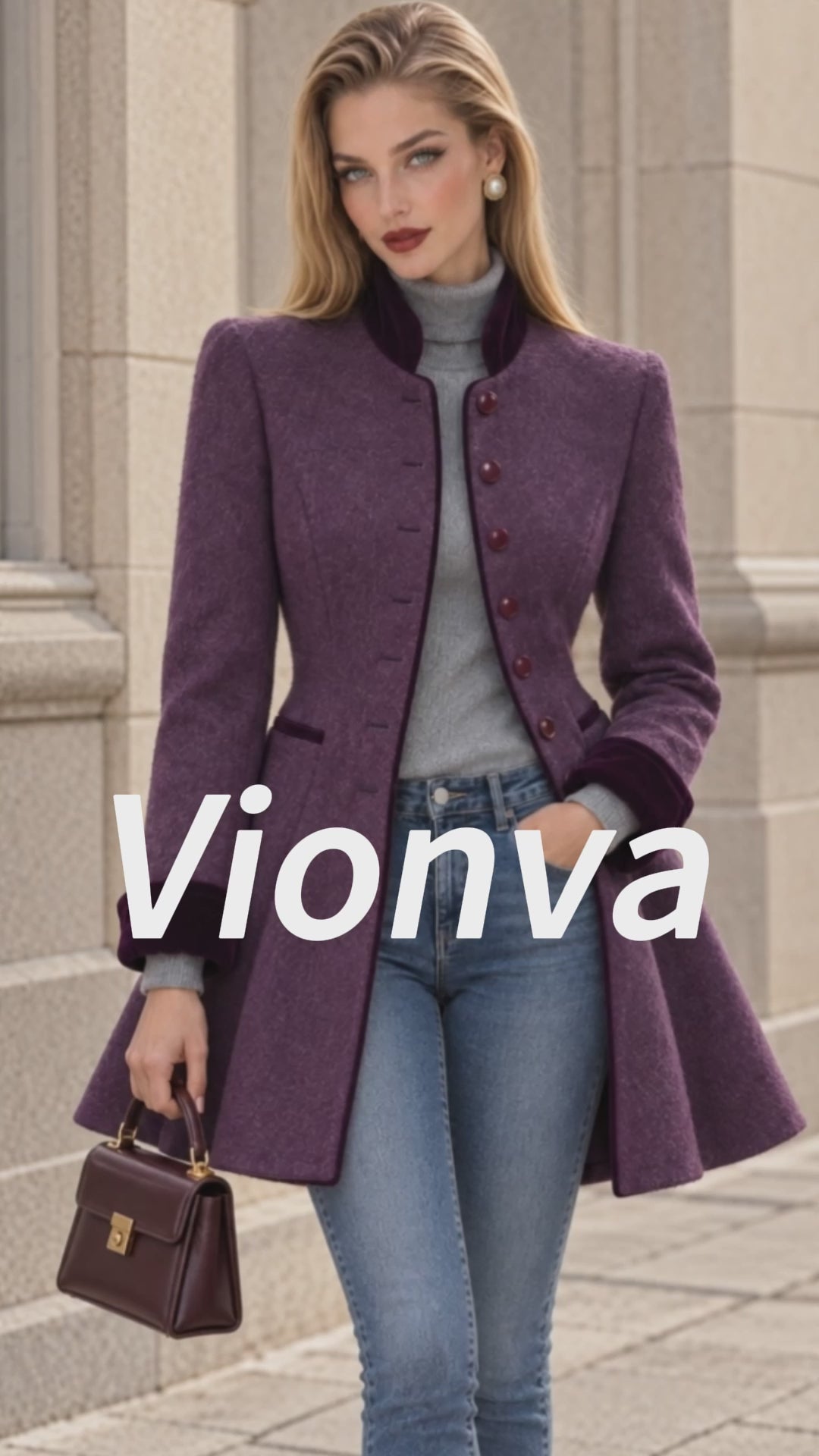 Vintage Purple Velvet Trim Fit-and-Flare Coat
